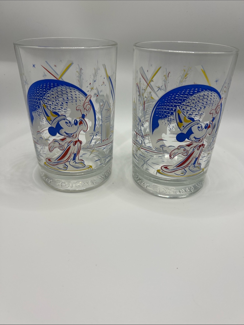 Disney World 25 Yrs Anniversary Mickey Glasses in Blue, Red & Yellow (Pair)